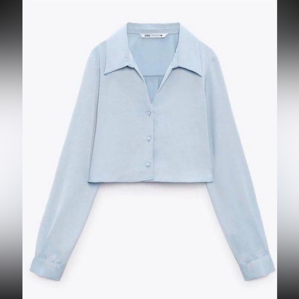 Zara Light Blue Satin Crop Button Down Top